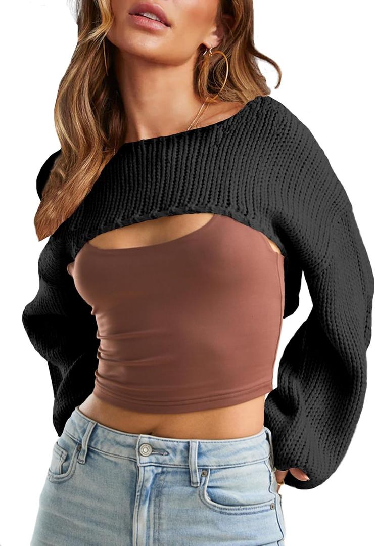 Women's Bolero Knit Shrug Cropped Sweaters Casual Long Sleeve Crop Tops Loose Pullovers, Small