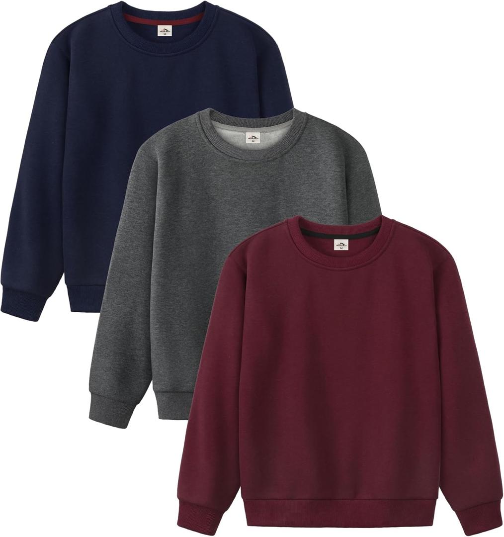 3 Pack Boys Sweatshirts Fleece Cotton Boys Long Sleeve Shirts Crewneck Kids Sweatshirts Soft Pullover Tops for Kids, Large, Deep Grey, Navy Blue, Burgundy