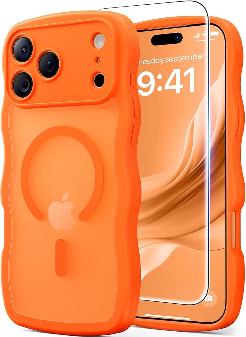 3 in 1 Magnetic for iPhone 17 Pro Max Case, Cute Wavy [Full Camera Protection][Fit for MagSafe] 1X Screen Protector+1X Wrist Strap, Anti-Slip Trendy Women Girly Case for iPhone 17 Pro Max 6.9", Orange