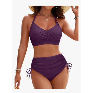 Blooming Jelly Womens High Waisted Bikini Sets Drawstring Tummy Control Swimsuits Crisscross Tie Back Bathing Suit, Size -Small