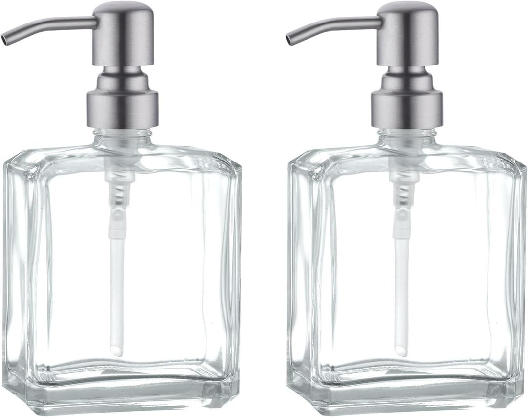 Square Clear Glass Dish Soap Dispenser Set 2 Pack, Refillable Hand Soap Dispenser with Rust Proof Stainless Steel Pump 2 x 13.5 oz Lotion Dispenser for Bathroom Vanity Kitchen (Brushed Nickel)