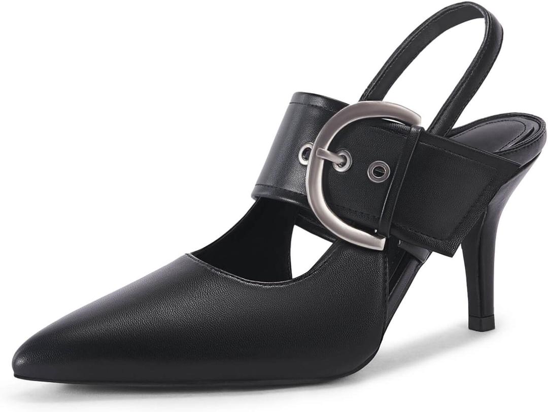 Coutgo Womens Slingback Pumps Closed Pointed Toe High Heels Belt Buckle Strap Dressy Work Shoes (8, Black)