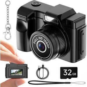 Mini Keychain Camera, Retro Snap Mini Digital Camera, 1080P Tiny Pocket Video Camera Vintage Portable Small Camcorder for Travel Vlogging, Video Recorder with 32GB Card, Black