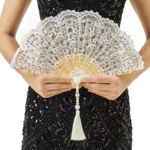 BABEYOND Lace Hand Fan Non-Foldable Vintage Bridal Handheld Fans with Rhinestone and Embroidered for Wedding Decoration Dancing Party (E-white)