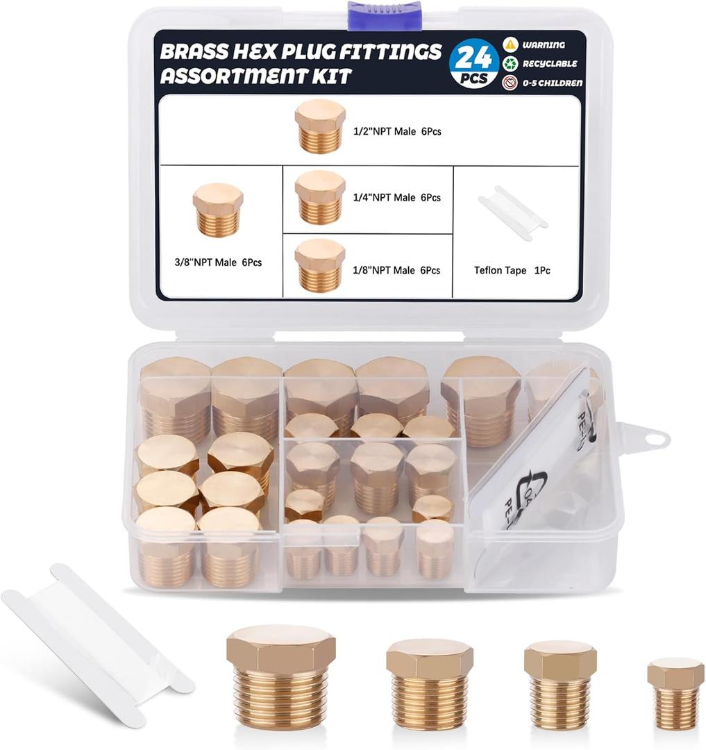 24 PCS Brass Hex Pipe Plug Fittings Kits 1/8" 1/4" 3/8" 1/2" NTP Brass Plug Male Threaded