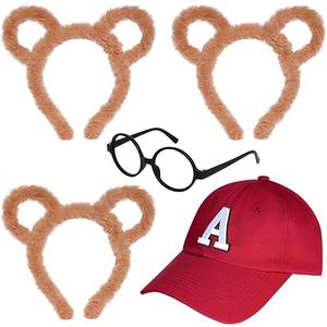 Yolyoo 5 Pieces Chipmunks Costumes Set Include 1 Red hat, 3 Chipmunk Ears Headband and 1 Black Round Glasses Frame for Halloween Party Animal Costume Accessories