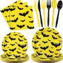 144 Pcs Bat Themed Party Supplies Hero Birthday Party Decorations Disposable Bat Tableware Set 48 Black Yellow Paper Plates 24 Napkins 24 Plastic Cutlery for 24 Guests Cartoon Birthday
