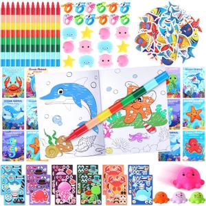 Funrous 122 Pcs Under the Sea Party Favors Ocean Animals Party Coloring Books with Crayons Bulk DIY Sticker Octopus Pull Back Car Goodie Bag Fillers for School Gift Rewards Activity Supplies