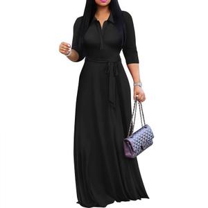 MarryUP Maxi Dresses for Women Casual V Neck 3/4 Sleeve Long Church Dress Semi Formal Outfits with Pockets (Black, Medium