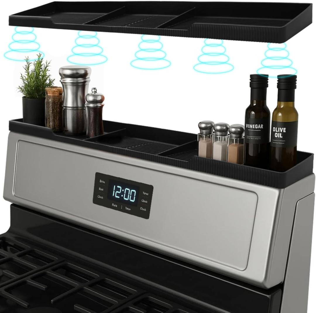 Silicone Magnetic Over the Stove Shelf for Back of Stove - Magnetic Stove Top Shelf and Over Stove Shelf, Over Oven Shelf for Top of Stove, Over the Stove Spice Rack, Includes 6 Extra Plates (Black)