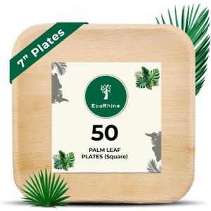 Palm Leaf Disposable Plates - Bamboo Plates Disposable 7 Inch Square (50pc) - 100% Compostable & Biodegradable Plastic-Free Plates - Heavy-Duty, Party Dinnerware Set - Microwave & Oven Safe