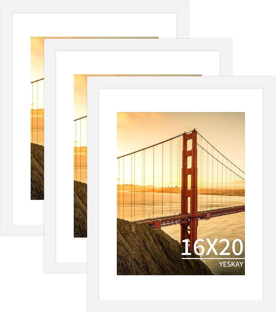 YESKAY 16x20 Picture Frame White Set of 3, Display Pictures 11x14 with Mat or 16 x 20 Without Mat, Poster Frames 16x20 for Wall Hanging Horizontal and Vertical