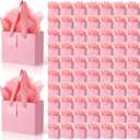 Zhanmai 100 Pcs 4.7 x 2.4 x 3.9 Mini Gift Bags Bulk with Tissue Paper Kraft Paper Bag with Handle Gift Tag for Birthday Party, Valentines Day, Baby Shower, Wedding, Mother's Day (Pink)
