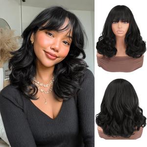 Bob Curly Wig With Bangs,14 Inch Shoulder Length Synthetic Heat Resistant Body Wave Wig,Women's Layered Natural Looking Short Wigs for Daily Party Use - Natural Black