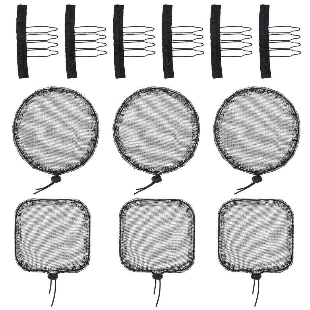12PCS Black Hair Weave Sleeve Weaving Net Cap with Elastic Drawstring for Afro Puff Bun Wig Making Tools(Round, Square)