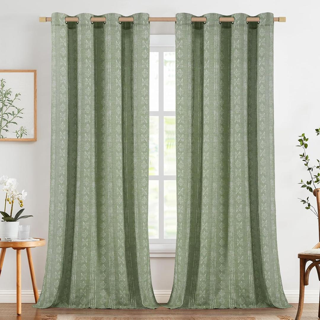 Jinchan Boho Curtains Linen Blend Curtains for Living Room Farmhouse Sage Green Drapes 108 Inches Long for Bedroom Semi Sheer Drapes Geometric Striped Printed 2 Panels Set (50"W x 108"L (Pack of 2))
