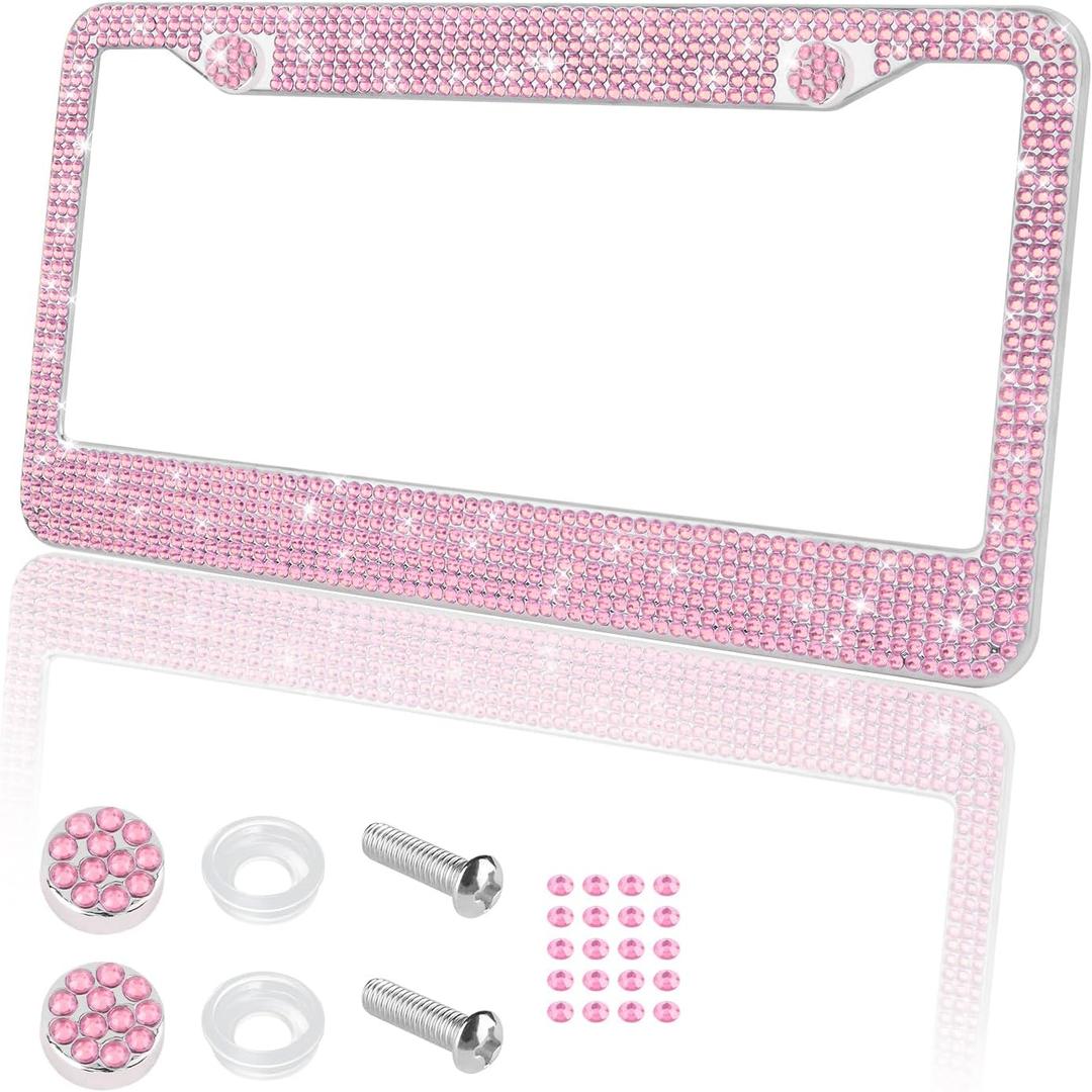 Bling Car License Plate Frame Holder,2 Hole Stainless Steel Car Plate Frame with Crystal Diamond,Sparkly US Standard Car Plate Holder as Birthday Gifts for Women&Girl (Pink)