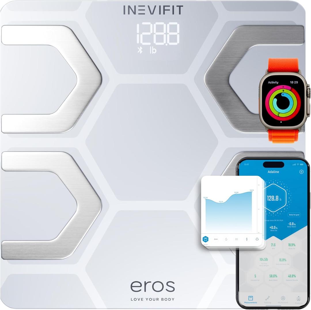 INEVIFIT EROS Bluetooth Body Fat Scale Smart BMI Highly Accurate Digital Bathroom Body Composition Analyzer with Wireless Smartphone APP 400 lbs 11.8 x 11.8 inch (White) (White)