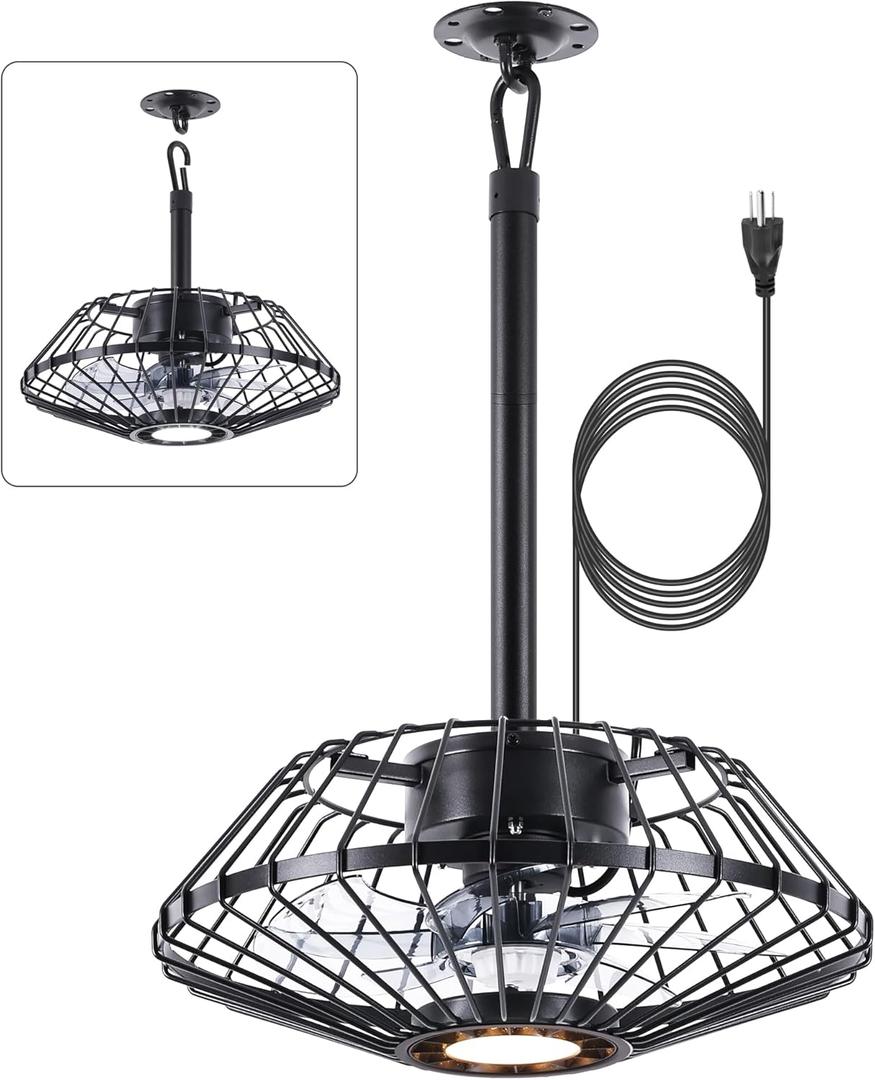 Outdoor Ceiling Fans with Light for Patios Gazebo, 15" Weatherproof Plug in Ceiling Fan, Gazebo Fan Remote, 3CCT Dimmable,Caged Ceiling Fan with Hanging Hook for Porch, Pergola,Canopy, Black