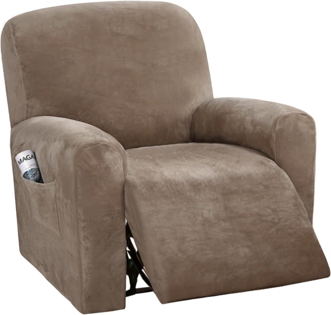 H.VERSAILTEX Velvet Stretch Recliner Couch Covers 4-Pieces Style Recliner Chair Covers Recliner Cover for Reclining Chair Slipcovers Feature Non Slip Form Fitted Thick Soft Washable, Mocha