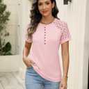 Minetom Women's Lace Short Sleeve Tops Henley Shirts Business Casual Blouses Summer Tops (Pink, L)