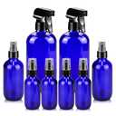 Worldgsb Glass Spray Bottles, 16oz*2+4oz*2+2oz*4 Refillable Containers, Empty Boston Round Bottles with Adjustable Nozzle for Cleaning, Gardening, Aromatherapy, Pets, Plant, Hair - Blue
