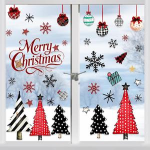 9 Christmas Tree Window Clings, Xmas Tree Snowflake Window Stickers,Merry Christmas Windows Clings, Red Black Xmas Trees Ball Snowflake Snowy Forest Glass Decals for Winter Home Party Decor
