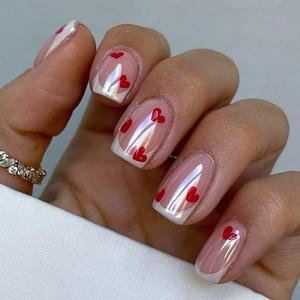 Valentines Press on Nails Short Square Chrome Nails Press on French Fake Nails with Heart Designs Cute Pink Fingernails Gel Acrylic Nails Extra Short Glue on Nails Ombre Stick on Nails for Women 24Pcs
