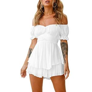 AOHITE Womens Boho Off-Shoulder Dress Ruffle Chiffon Summer Mini Short Dresses White Large