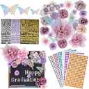 45 Pcs Graduation Hat Decorations Kit DIY Grad Cap Topper Crafts Purple Decorative Flowers Rhinestones Stickers Glitter Number Letters 3D Butterfly Stickers for Graduation Party Supplies