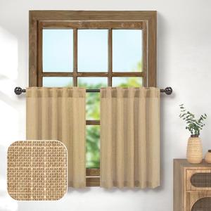 Farmhouse Kitchen Curtains 30 Inch Length for Small Bedroom Back Tab Pocket Light Airy Breathable Linen Cafe Tiers Neutral Earth Semi Transparent Short Half Window Curtain for Bathroom 30x30 Tan Brown