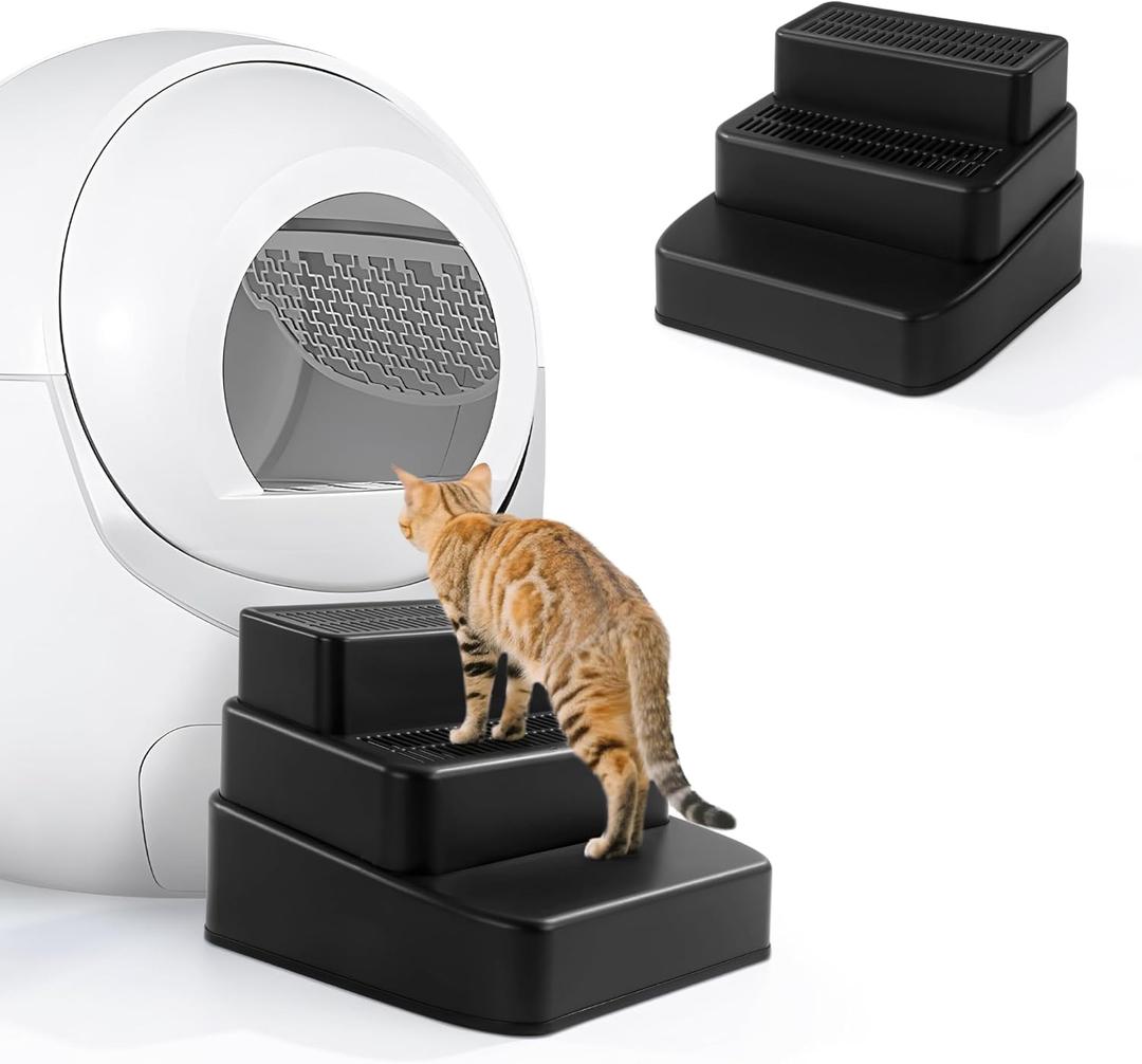 BALAPET Adjustable 3 Steps Litter Box Ramp with Filter Function, Detachable Litter Trapper, Non-Slip Cat Litter Stair for Small & Elderly Cats(Black)