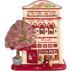 Blue Sky Clayworks Love Blooms Here Candle House, Ceramic, 7" L x 5" W x 8" H, Flower Shop Window Glow