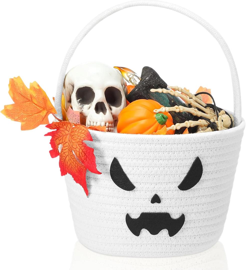 Halloween Basket with Handle Cute Bucket Cotton Rope Woven Candy Server Bag Pumpkin Witch Cat Pig Storage Basket for Halloween Party Favor (Ghost, White, 1 Pack)