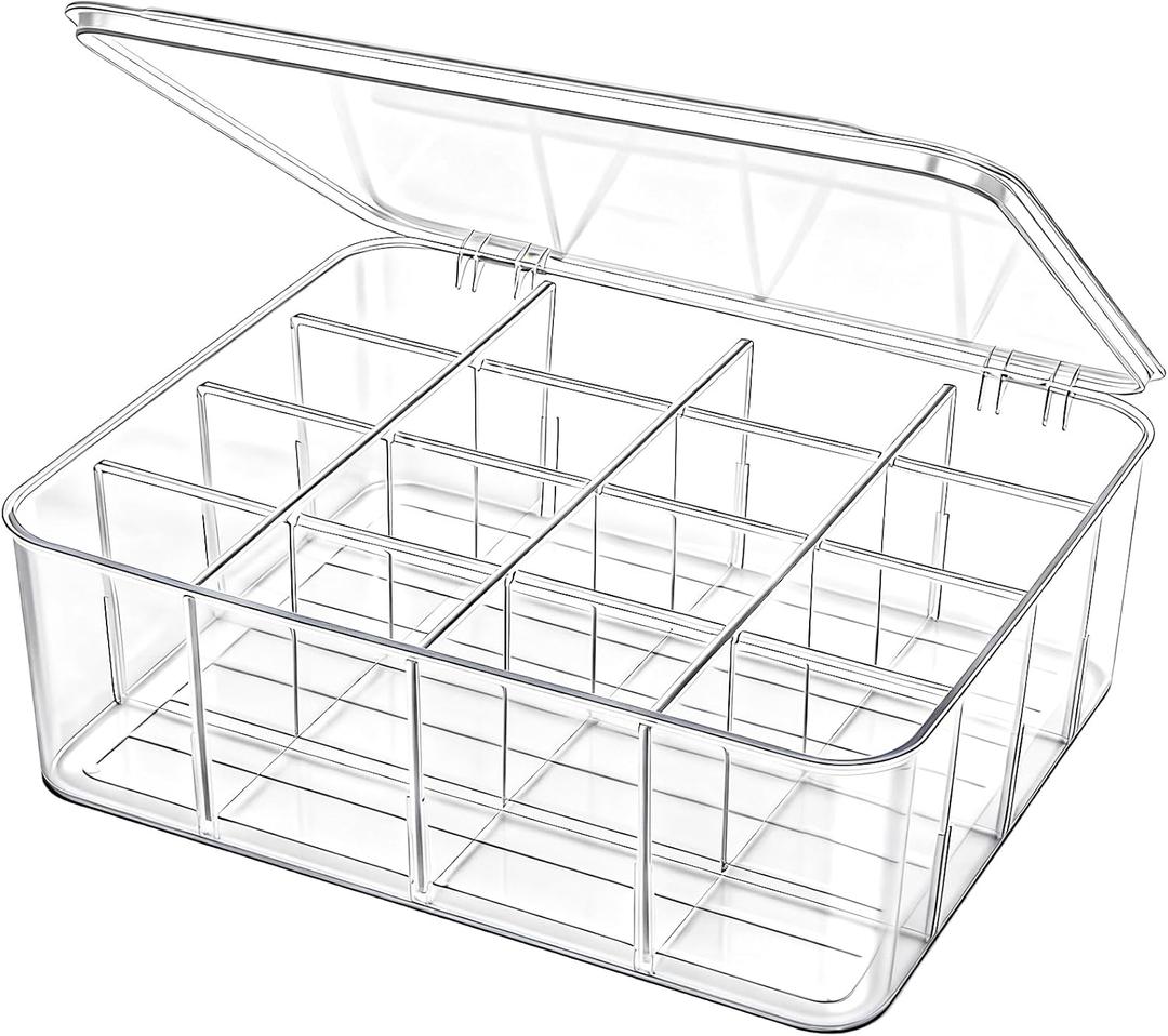 Adjustable Sock Underwear Drawer Organizer Dividers, 16 Grid Clear Tea Bag Holder with Lid, Removable Divided Tie Organizer Box, Plastic Storage Bin for Scarves Bras