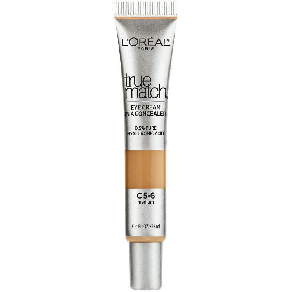 LOral Paris True Match Eye Cream in a Concealer, 0.5% hyaluronic acid, Medium C5-6, 0.4 fl. oz.