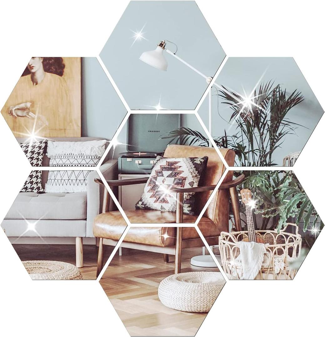 DIY Wall Decals Acrylic Mirror Sticker Set 12 Pcs, Hexagon Mirror Wall Stickers for Living Room Bedroom Decor (Silver), 20*17*10cm