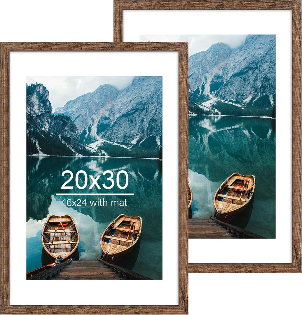 20x30 Frame Set of 2, Rustic Brown Wood Style - Display 16x24 Picture with Mat or 20 x 30 Poster without Mat, Wall Mounting Horizontal and Vertical