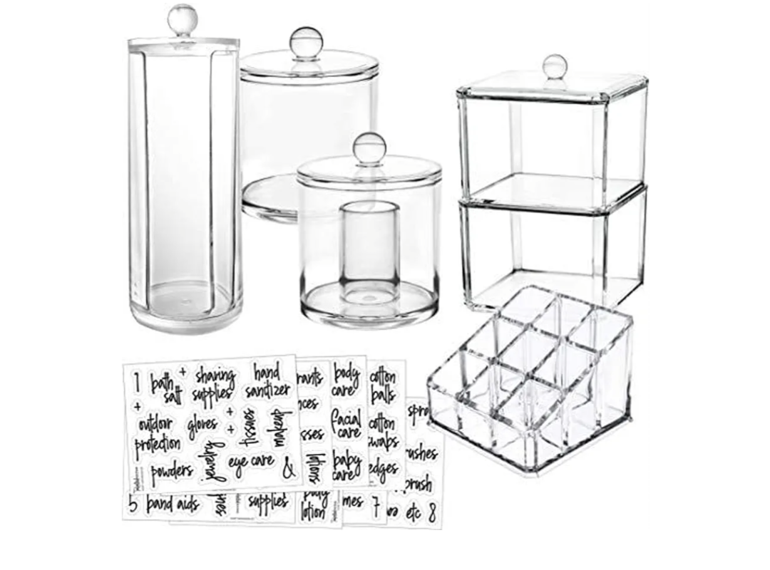 6-Pack Makeup Organizer Acrylic Plastic Containers. Bathroom Beauty Storage Set: 5 Canisters & 107 Printed Labels Organization