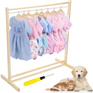 Estune Dog Garment Rack with 12 Wood Pet Clothes Hanger Wooden Dog Dress up Storage Small Closet Pet Clothes Organizer Accessories for Doll Cat and Puppy(Medium)