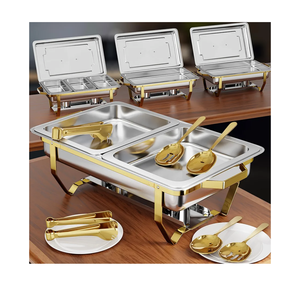 Gold Chafing Dishes for Buffet 4 Pack (7 Pans + Utensils) - 9QT Stainless Steel Chafing Dish Buffet Set - Food Warmers for Parties Buffet - Buffet Servers and Warmers (4 PACK + 7 PANS + 7 UTENSILS)