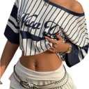 Women's Striped Off Shoulder Crop Top Short Sleeve Asymmetrical Letter Graphic Tees (M)