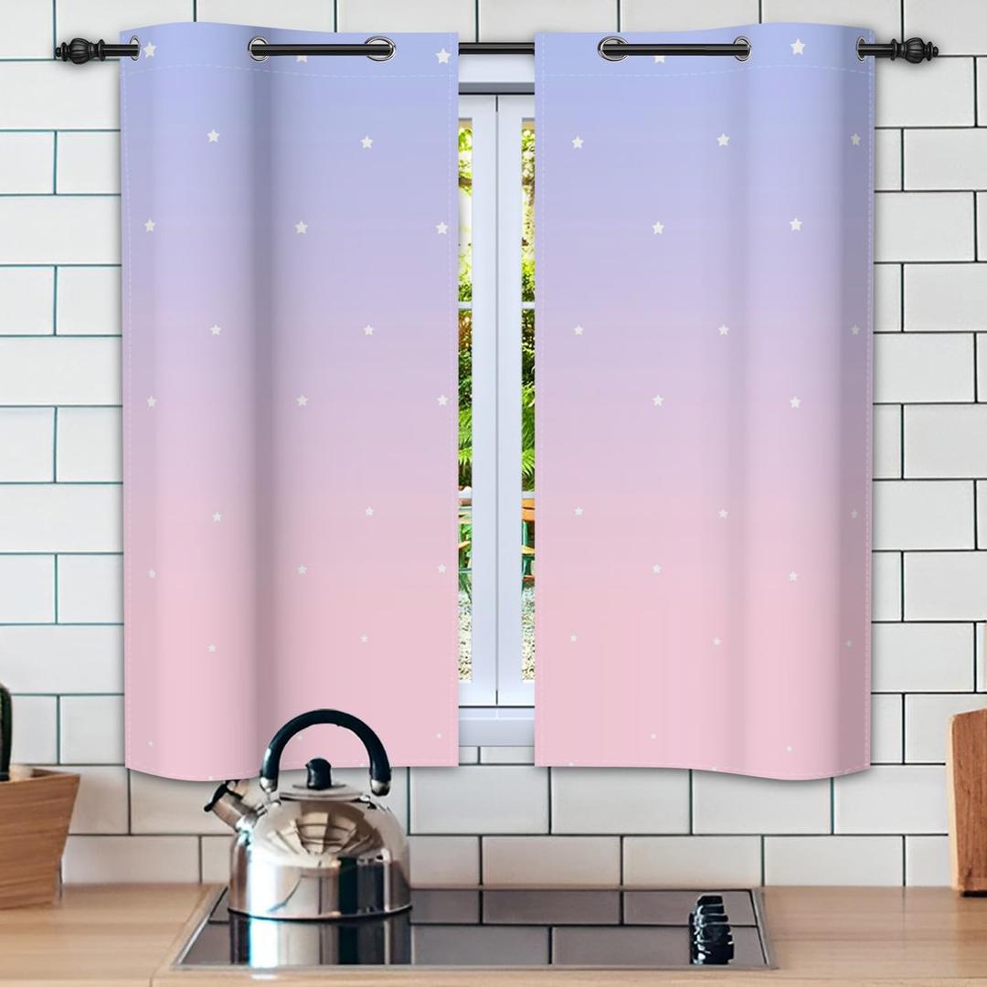 Ombre Blackout Curtains for Girls Bedroom Living Room Gradient Purple to Pink 2 Panels Drapes Kitchen Thermal Insulated White Stars Room Partition Office Hotel Window Curtain 21x45inches