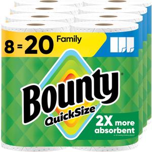 Bounty Quick Size Paper Towels, White, 8 Family Rolls = 20 Regular Rolls (Packaging May Vary)
