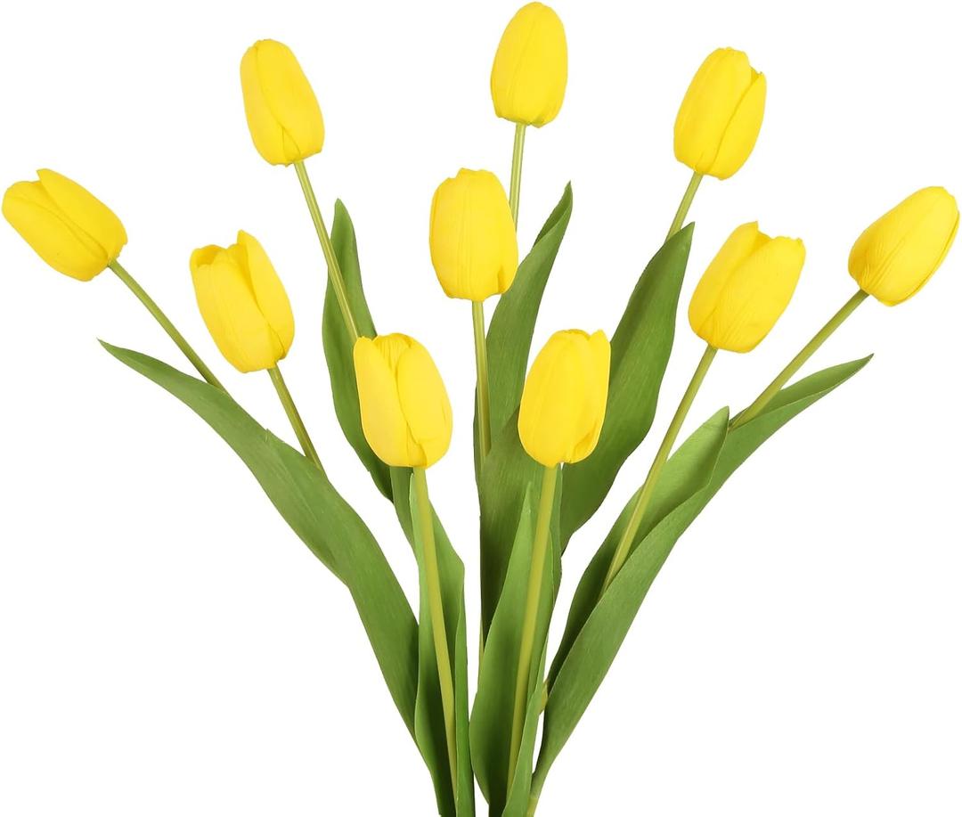 IPOPU Yellow Tulips Artificial Flowers,10PCS Real Touch Faux Flowers 18.9" Realistic Long Stem Fake Latex Tulips for Wedding Party Spring Easter Home Decoration (Yellow)