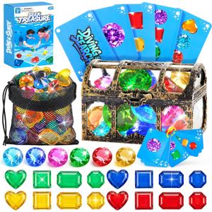 DISHIO Diving Toys for Kids, Seek Treasure Underwater Pool Gem Hunt Pool Game with 60PCS Sinking Gems, Pirate Treasure Chest, 35PCS Game Cards, Summer Swimming Pool Toys for Toddlers Kids Age 3-10