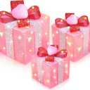 Timer & 8 Mode 3 Pack Valentines Decorations Pink Valentines Lighted Gift Boxes with Hearts Red Glitter Bow 60 LED Battery Operated Present Box Pink Decor for Indoor Outdoor Xmas Wedding Christmas