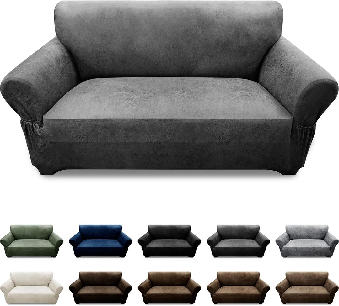 Loveseat Sofa Slipcover Leather Look Couch Covers for 2 Seater Couch Sofa 1-Piece Sofa Cover Stretch Furniture Protector with Elastic Bottom & Pockets(Loveseat, Grey)