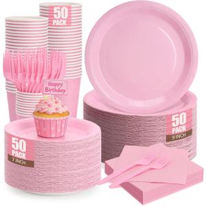Light Pink Plates and Napkins Include 9Disposable Burgundy Paper Plate, 7Dessert Plates and Cups and Napkins Forks Set for Baby Showers, Birthday, Wedding, Serves 50