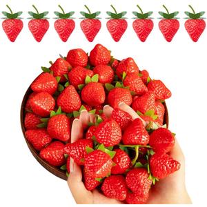 50 Pieces Artificial Red Strawberry Decor 1.3inch Fake Fruit Plastic Strawberries Lifelike Desktop Center Fake Strawberries Decorations,for Home Kitchen Party Decor Photography Prop